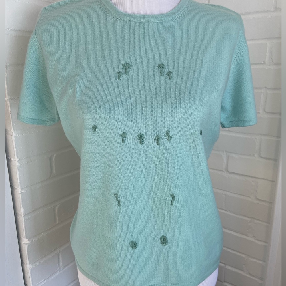 Womens Classic Pastel Seafoam Green Short Sleeve Cashmere Sweater Size L